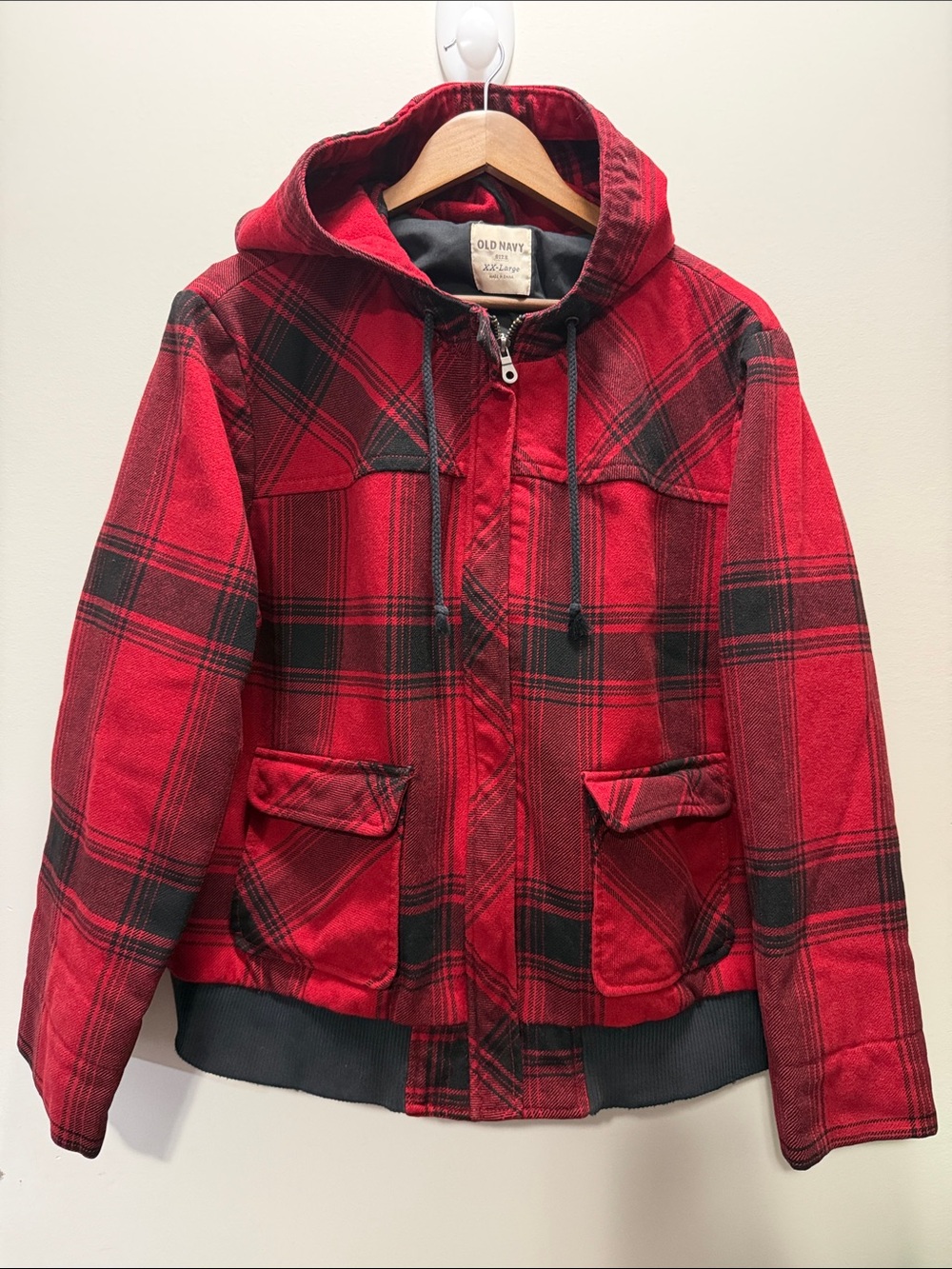 Y2K Old Navy Red and Black Plaid Hooded Shirt-Jacket Size XXL Women’s